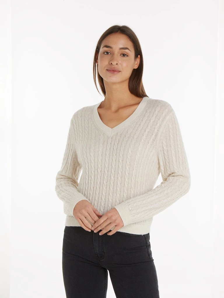 SOFT WOOL AO CABLE V-NK SWEATER